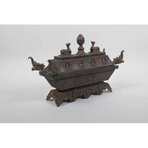 35 - A Chinese bronze casket shaped censer with the remnants of gilt patina, 29 x 11cm