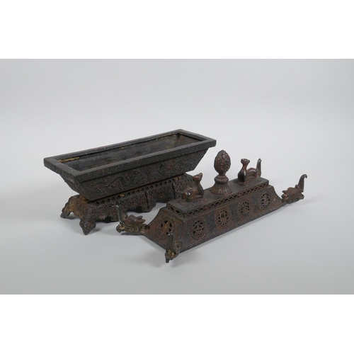 35 - A Chinese bronze casket shaped censer with the remnants of gilt patina, 29 x 11cm