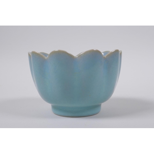 38 - A Chinese Ru ware style lotus flower shaped porcelain rice bowl, 11cm diameter