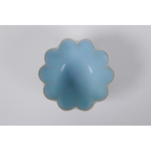 38 - A Chinese Ru ware style lotus flower shaped porcelain rice bowl, 11cm diameter