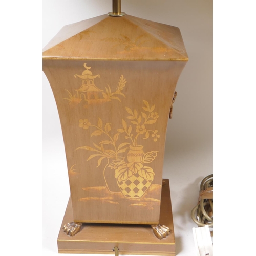 42 - An oriental Japanned metal table lamp, 70cm high, and a brass Corinthian column table lamp