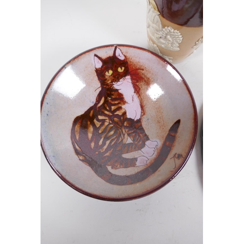 44 - A Chelsea pottery oval dish painted  with an owl, signed and dated 1977, 21 x 15.5cm, a Chelsea... 