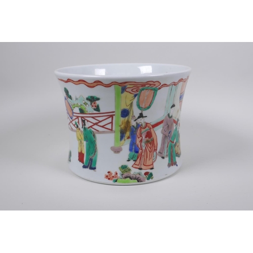 48 - A famille vert porcelain brush pot of waisted form, decorated with figures in a landscape, Chinese K... 