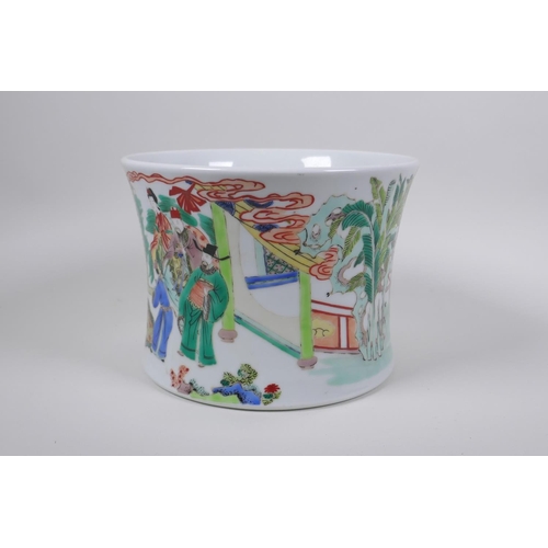 48 - A famille vert porcelain brush pot of waisted form, decorated with figures in a landscape, Chinese K... 