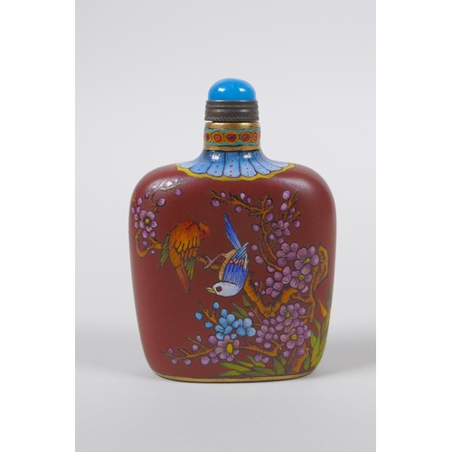 50 - A Chinese YiXing snuff bottle with polychrome enamel decoration of birds amongst blossom, 4 characte... 