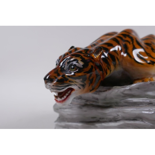 1 - A rare 1950s Paragon fine bone china figure of a crouching tiger, 24cm long