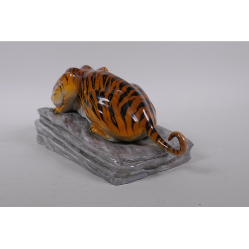 1 - A rare 1950s Paragon fine bone china figure of a crouching tiger, 24cm long