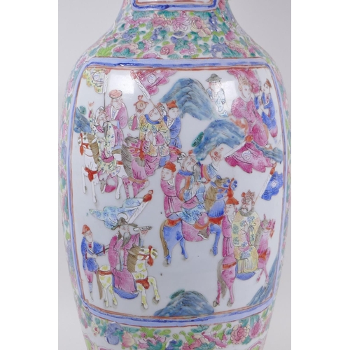 11 - A C19th Chinese famille rose porcelain vase, with two figural handles and decorative panels depictin... 