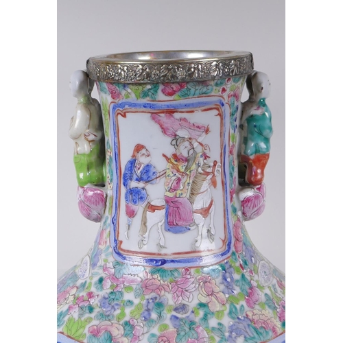 11 - A C19th Chinese famille rose porcelain vase, with two figural handles and decorative panels depictin... 