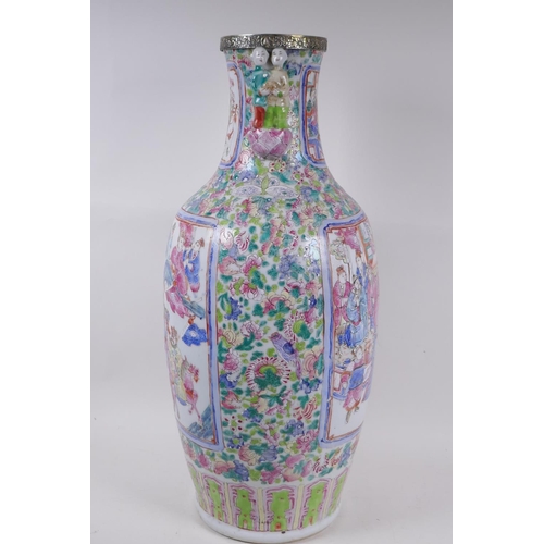 11 - A C19th Chinese famille rose porcelain vase, with two figural handles and decorative panels depictin... 