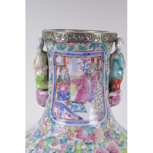 11 - A C19th Chinese famille rose porcelain vase, with two figural handles and decorative panels depictin... 