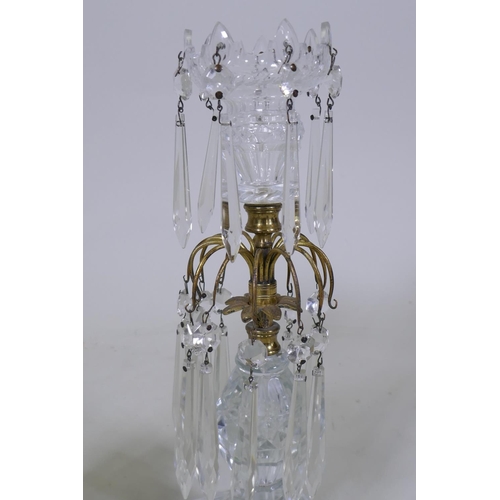 2 - A near pair of glass lustres, AF chip to base of one, two drops AF and loose joint, 31cm high