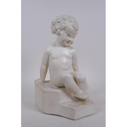 29 - Phoebe Stabler (1879-1955), a painted plaster figure of a child, 'Mischief', stamped to side, crack ... 