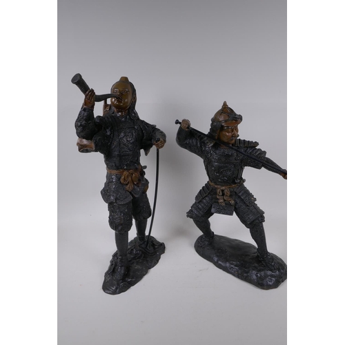 42 - A pair of painted cast bronze figures of Japanese Samurai warriors, 48cm high