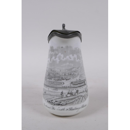 54 - A C19th English pottery cream jug with pewter lid, transfer printed with a scene of Portland Castle ... 