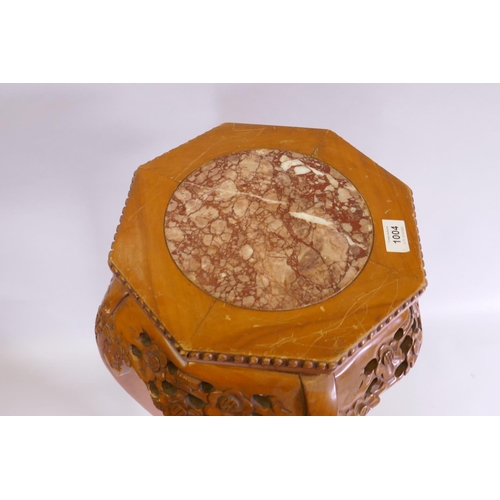 1140 - A Chinese vase stand with pierced frieze and inset marble top, 35cm diameter x 90cm