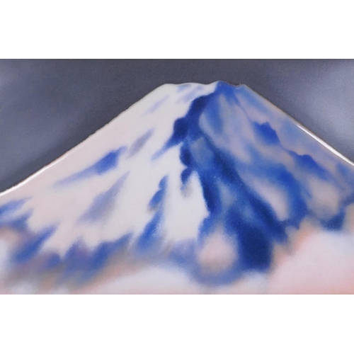 13 - A Japanese enamelled metal plaque depicting Mt Fuji, framed, 30 x 19cm