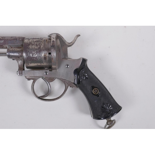 14 - An antique Belgian six shot 10mm pin-fire revolver, c.1860, Liege proof mark to the barrel