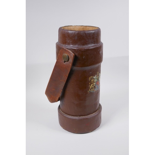 19 - A vintage leather and painted canvas shell case decorated with the Royal Coat of Arms, 34cm high