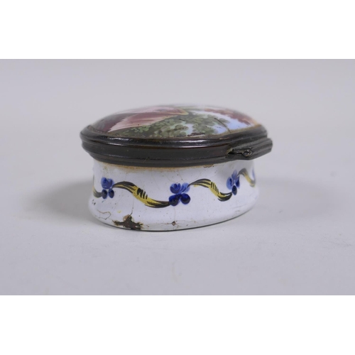 2 - An C18th/C19th Bilston patch box, A Trifle from Bath, with enamel decoration of a pastoral scene, 6c... 