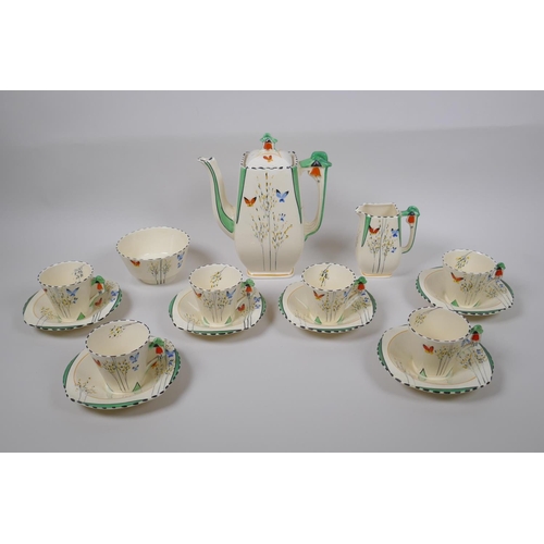 21 - A Burleighware Art Deco 6 place tea service, with milk jug, bowl and teapot, 20cm high