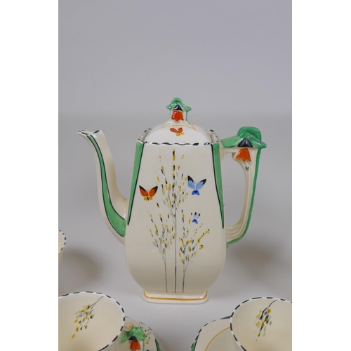 21 - A Burleighware Art Deco 6 place tea service, with milk jug, bowl and teapot, 20cm high