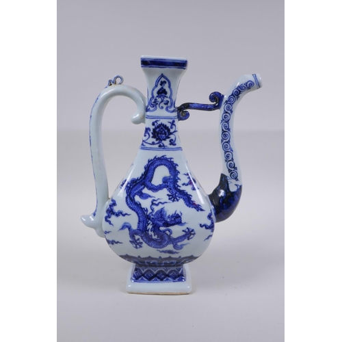 23 - A Chinese blue and white porcelain ewer with dragon decoration, Xuande 6 character mark to side, 27c... 