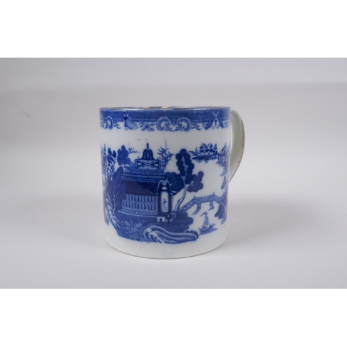 24 - A C19th blue and white pearlware tankard decorated with a Willow style pattern, 13cm high x 13cm dia... 