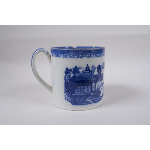 24 - A C19th blue and white pearlware tankard decorated with a Willow style pattern, 13cm high x 13cm dia... 