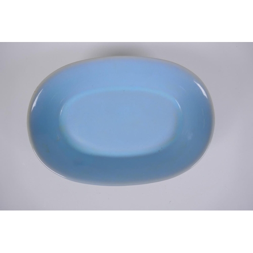 25 - A Chinese Ru ware style porcelain dish of oval form, 24 x 16cm