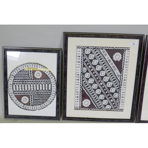 34 - Seven Fijian tribal tapas, five framed and two loose, largest 90 x 90cm