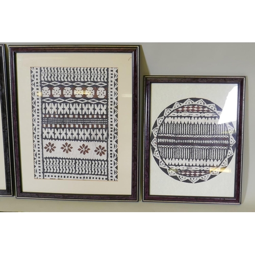 34 - Seven Fijian tribal tapas, five framed and two loose, largest 90 x 90cm