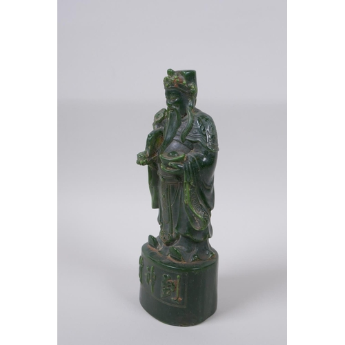 43 - A Chinese green hardstone carving of the deity Lu, 20cm high