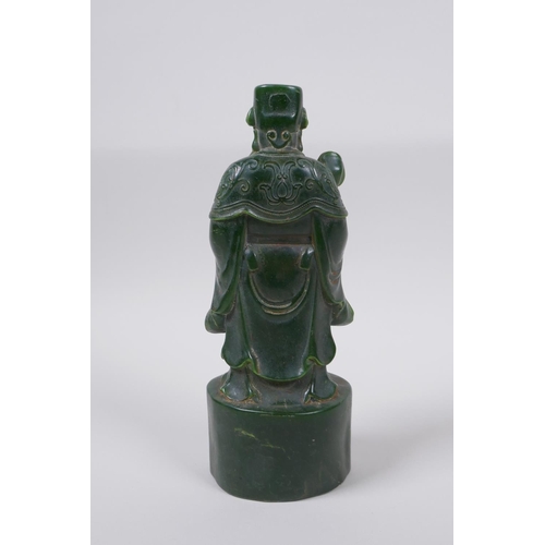 43 - A Chinese green hardstone carving of the deity Lu, 20cm high