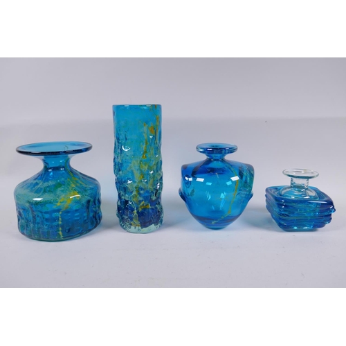 46 - Four Mdina blue art glass vases, together with five Caithness anniversary glass bowls, largest 19cm