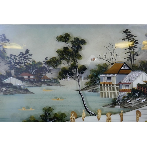 54 - A pair of Japanese mixed media glass paintings depicting figures and dwellings by a river, and Mount... 