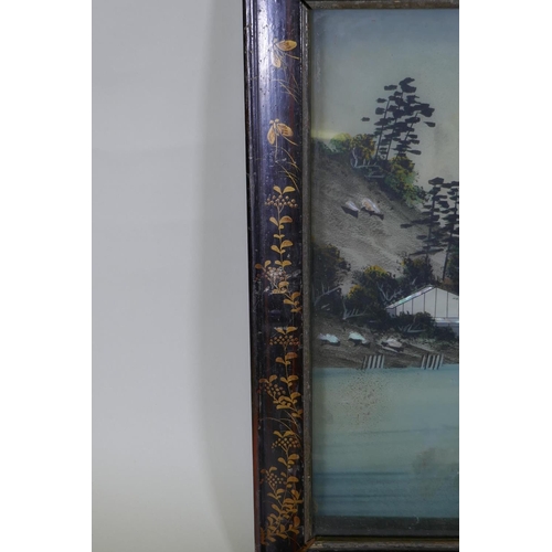 54 - A pair of Japanese mixed media glass paintings depicting figures and dwellings by a river, and Mount... 