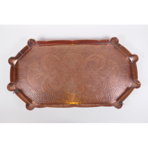 6 - A Newlyn style hand made copper tray with dolphin decoration and another similar with Art Nouveau de... 