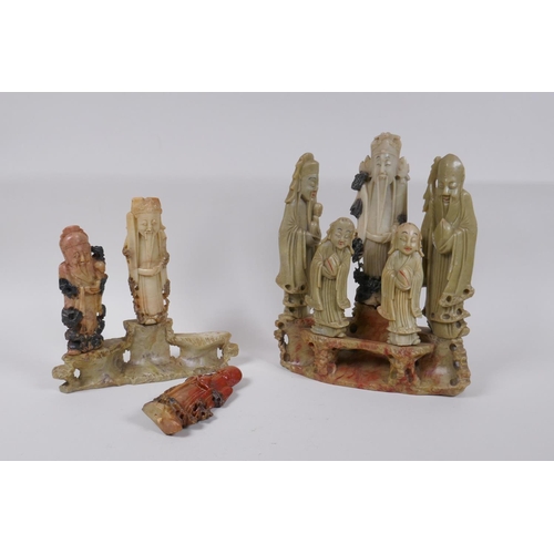 65 - Two Chinese carved soapstone figure groups depicting Fu, Lu and Shou, some dowels AF, largest 22cm