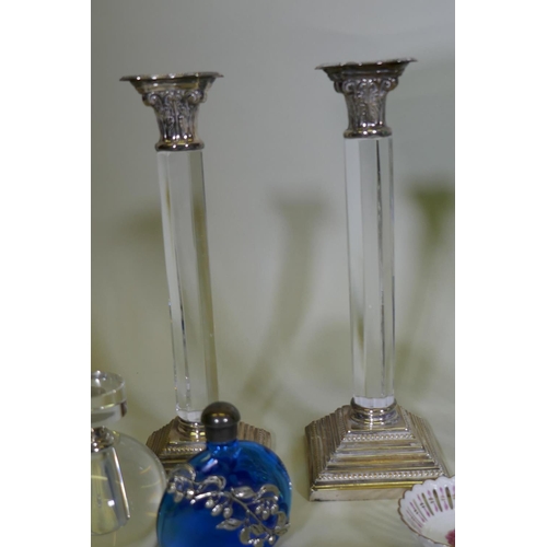 84 - A pair of crystal glass candlesticks with silver plated mounts, glass scent bottles, Herend trinket ... 