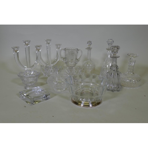 86 - A pair of Nachtmann three branch crystal glass candelabra, 28cm high, crystal glass bowls, decanter ... 