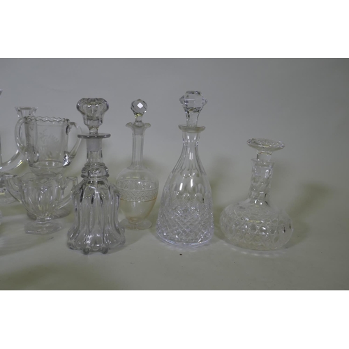 86 - A pair of Nachtmann three branch crystal glass candelabra, 28cm high, crystal glass bowls, decanter ... 