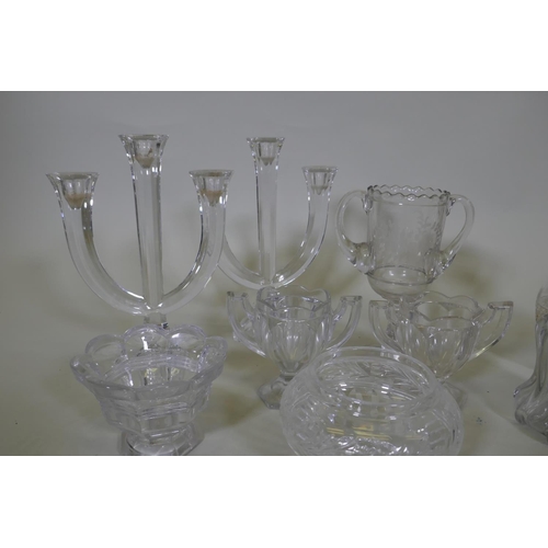 86 - A pair of Nachtmann three branch crystal glass candelabra, 28cm high, crystal glass bowls, decanter ... 