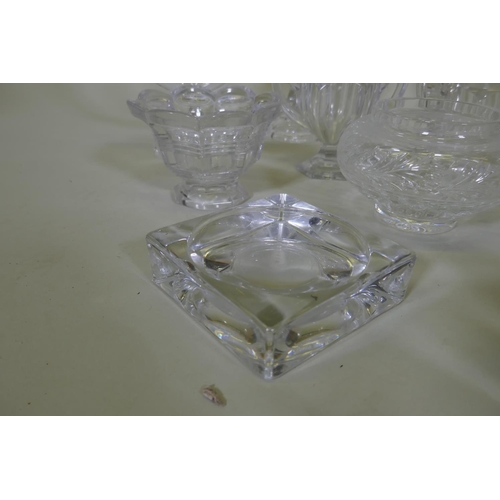 86 - A pair of Nachtmann three branch crystal glass candelabra, 28cm high, crystal glass bowls, decanter ... 