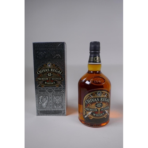 87 - A bottle of 12 year old Chivas Regal Premium Scotch Whisky, 1 litre, and a bottle of Bell's Old Scot... 