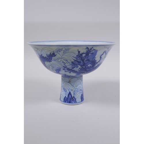 93 - A blue and white porcelain stem bowl with dragon decoration, Chinese Xuande 6 character mark to bowl... 