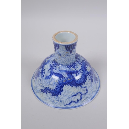 93 - A blue and white porcelain stem bowl with dragon decoration, Chinese Xuande 6 character mark to bowl... 