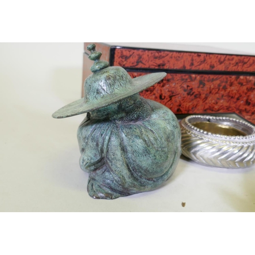 94 - Oriental wares, a lacquered box, carved wood hand, and bronze figures etc, box 30 x 20 x 15cm