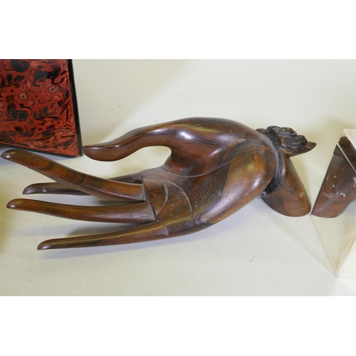 94 - Oriental wares, a lacquered box, carved wood hand, and bronze figures etc, box 30 x 20 x 15cm