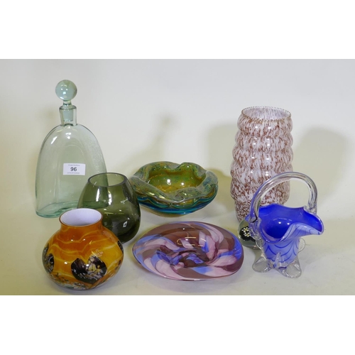 96 - A collection of studio glass, decanters and bowls and a Caithness Cadenza hearts vase, decanter 25cm... 